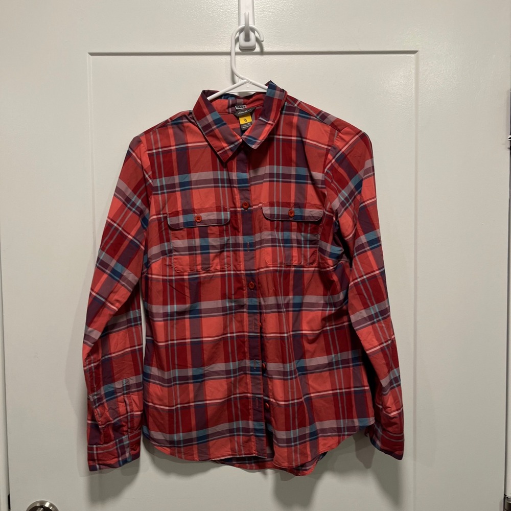 Eddie Bauer Travex Womens PS Red Plaid Nylon Long Sleeve Hiking Shirt 0842